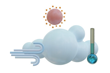 3d render illustration cloud sun wind icon. Weather set mockup. Outdoor nature, spring ,rainy, summer, winter, fall seasons.Weather forecast sign. Meteorological icon with temperature show in thermo.