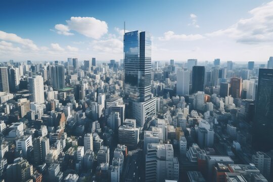 Stunning Aerial View of a Bustling Cityscape with Towering Skyscrapers and Clear Blue Sky Generative AI