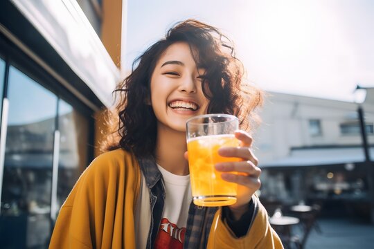 Happy woman enjoying a refreshing glass of orange juice while standing in front of a modern building Generative AI