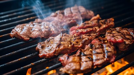 Juicy steaks sizzling on a flaming grill, perfect for summer barbecues and outdoor dining. Generative AI