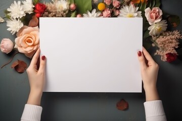 Woman hand hold white paper with flower background. - Powered by Adobe