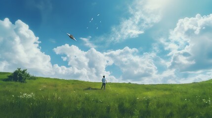 Man enjoying the freedom of the outdoors as he flies his colorful kite high above the rolling hills. Generative AI