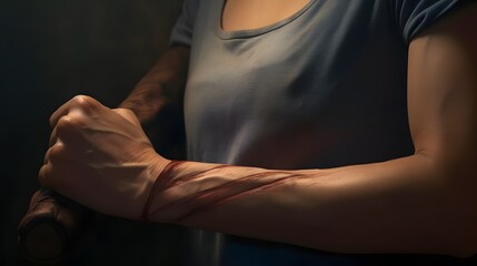 Person holding a sharp knife with a pink cloth wrapped around their arm for protection against cuts and injuries Generative AI