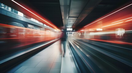 Fototapeta na wymiar Rushing through the Commuter Chaos Blurred Figure on a Busy Train Platform Generative AI