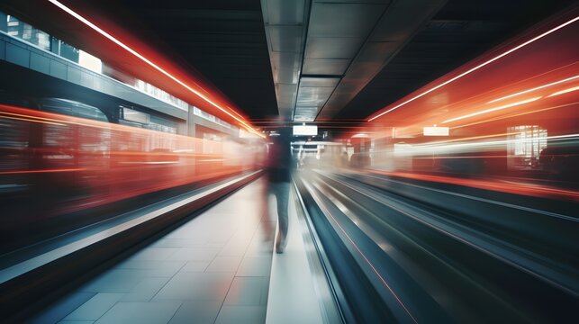 Rushing through the Commuter Chaos Blurred Figure on a Busy Train Platform Generative AI
