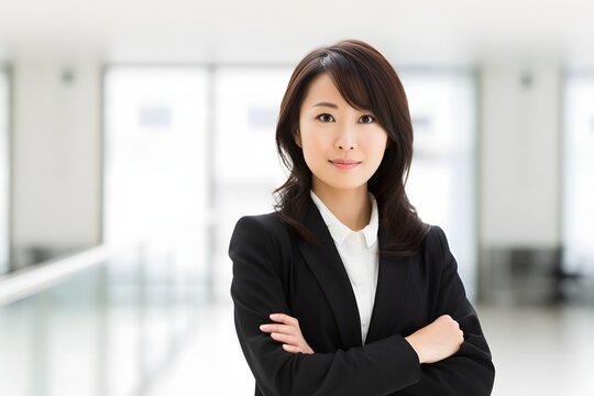Confident Asian Businesswoman in Black Suit Standing with Arms Crossed in Front of Office Building Generative AI
