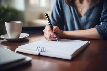 Creative Inspiration Person Writing in Notebook with Pen and Cup of Coffee on Wooden Table Generative AI
