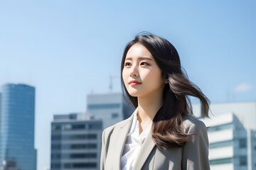 Confident businesswoman with long hair standing in front of a stunning city skyline as a symbol of success and ambition. Generative AI