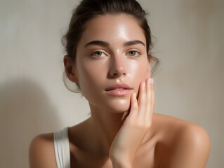 Stressed young woman with hand on face wearing white tank top, isolated on white background. Generative AI