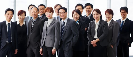Diverse Asian Business Group Standing in a Row with Confidence and Professionalism for Corporate Success Generative AI