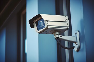 Surveillance Camera Mounted on the Side of a Modern Building for Security and Monitoring Purposes Generative AI