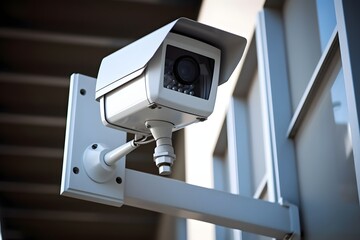 Modern White Camera Mounted on Sleek Metal Pole for High-Tech Surveillance and Security Monitoring Generative AI