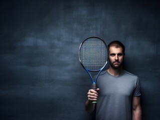 Focused young man with tennis racket standing against black background ready to play a match Generative AI