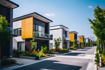 Fototapeta na wymiar Stylish Row of Contemporary Homes with Balconies Lining the Serene Neighborhood Street Generative AI