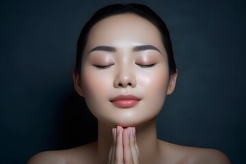 Serene young woman with closed eyes and folded hands in prayer pose, seeking inner peace and spiritual connection. Generative AI