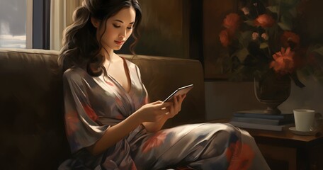 Modern Woman Relaxing on Couch and Using Smartphone for Social Media and Communication Generative AI