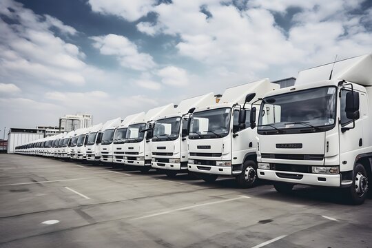 Row of White Trucks Parked in a Lot with Copy Space for Text or Logo Placement Generative AI