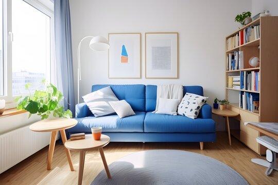 Cozy Blue Living Room with Bookshelf and Comfortable Couch for Relaxing and Reading Generative AI