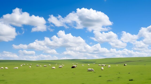 Idyllic Countryside Landscape with a Herd of Sheep Grazing on a Vast Green Field under a Clear Blue Sky Generative AI