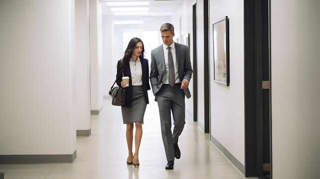 Couple in Business Attire Enjoying Morning Coffee While Walking Down Office Hallway Generative AI