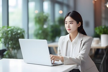Focused young woman in white jacket typing on laptop computer while working at desk in modern office space. Generative AI