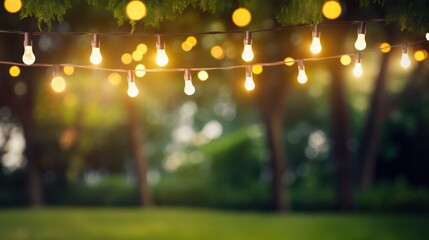 Many light bulbs hang on tree in garden.