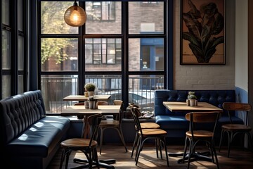 Fototapeta na wymiar Spacious Restaurant Interior with Abundant Seating and Natural Light from Large Window Generative AI