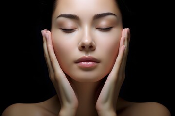 Relaxing Woman with Closed Eyes and Hands on Face in Serene Meditation Pose Generative AI