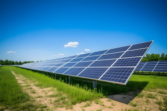 Renewable Energy Solar Panels in a Lush Green Field with Clear Blue Sky in the Background. Generative AI
