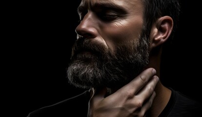 Bearded man in black shirt clutching his neck in pain and discomfort Generative AI