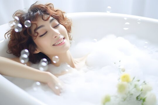 Relaxing in a Bubble Bath Woman Enjoying a Soothing and Calming Bathing Experience in a Luxurious Bathtub Generative AI