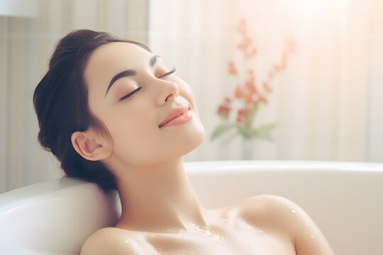 Relaxing in a Soothing Bubble Bath Woman Enjoying a Moment of Calm and Serenity in a Luxurious Bathtub Generative AI