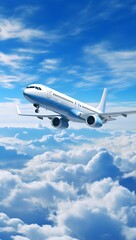 Obraz premium Commercial airliner soaring above fluffy white clouds in a clear blue sky Generative AI