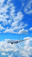 Fototapeta na wymiar Commercial airliner soaring through fluffy white clouds in a clear blue sky Generative AI