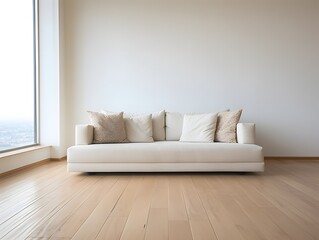 Comfortable Arafed Couch in a Bright Room with Wooden Flooring and Large Window for Natural Light Generative AI