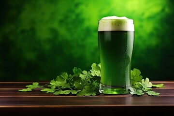 glass of green beer on green background. st Patrick concept