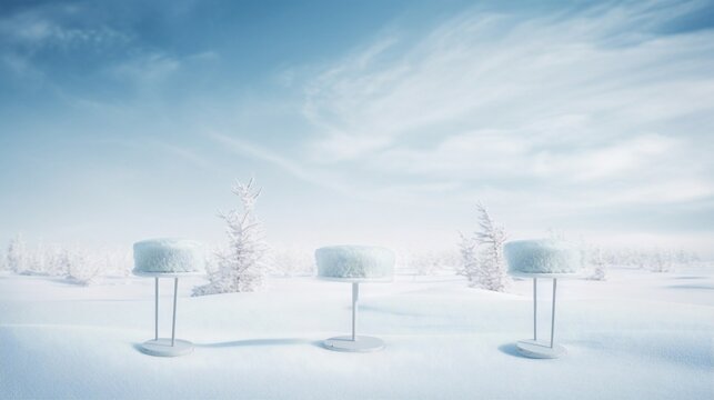 snowflakes gently falling against a serene blue background, minimalist podium, Winter wonderland scene with three pristine white podiums standing tall on a snow-covered field,
