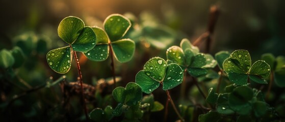 Close-up of dew-kissed clovers with a soft bokeh li - obrazy, fototapety, plakaty