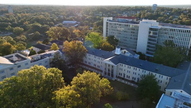 University of South Carolina Sims Hall on Women's Quad. Aerial establishing shot of USC campus in Columbia, SC.
