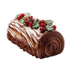 Christmas cake, chocolate yule log , buche de noel with red currant isolated on white transparent, PNG