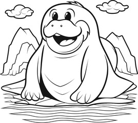 Walrus animal coloring page, vector stock image