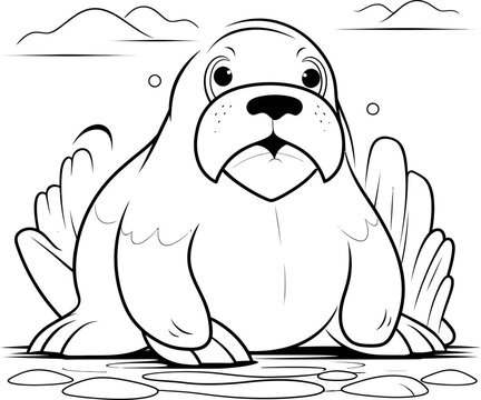 Walrus animal coloring page, vector stock image