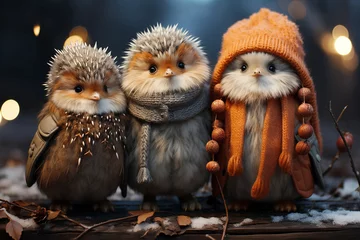 Fotobehang three cute little birds hedgehogs christmas vibes © Starcom