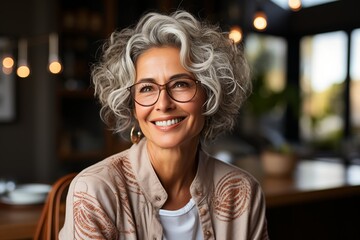 Smiling woman in cafe with closed eyes - obrazy, fototapety, plakaty