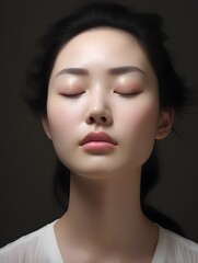 Serene young woman with closed eyes wearing a white shirt in a peaceful state of mind. Generative AI