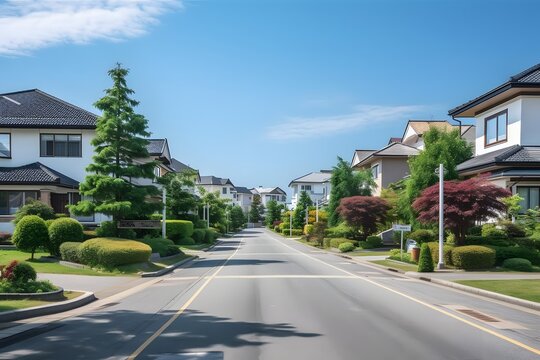 Charming Residential Street with Lush Tree Canopy and Quaint Homes in Suburban Neighborhood Generative AI