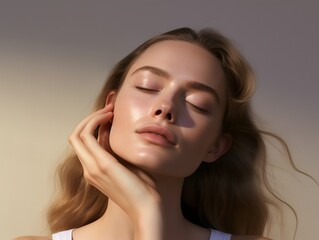 Fototapeta premium Serene blonde woman with closed eyes and flowing hair posing for a peaceful portrait in natural light. Generative AI