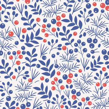 A pattern of twigs and berries. A template with images of red and blue berries, twigs and leaves of blue color on a white background.