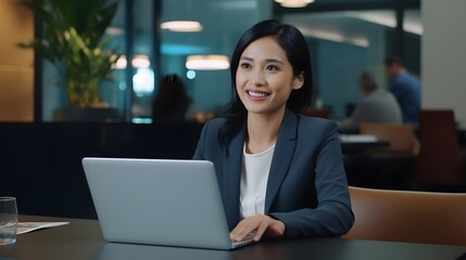 Focused young woman working on her laptop at a wooden table in a cozy coffee shop with a cup of coffee beside her Generative AI
