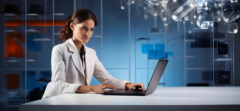 Focused young woman in white jacket typing on laptop computer at well-lit desk in modern workspace Generative AI